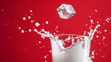 ai generato spruzzi latte di bicchiere con rosso sfondo, ghiaccio cubo discendente. foto