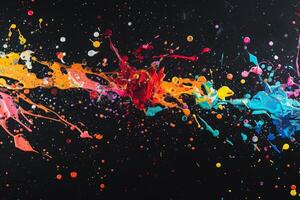 ai generato multicolore dipingere schizzi danza attraverso un' nero tela, la creazione di un' vivace e dinamico Schermo di colori e movimento. foto