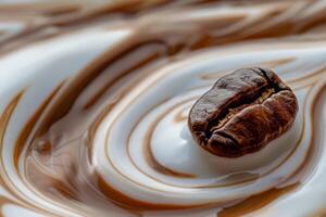 ai generato un' solitario caffè fagiolo riposa su un' cremoso caffè espresso tela, suo ricco colori vorticoso nel armonia. foto