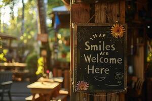 ai generato un' rustico di legno inviare detiene un' cartello lettura sorrisi siamo benvenuto qui, invitante visitatori con calore e fascino. foto