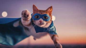 ai generato felino supereroe, carino gattino con un' blu capo e maschera costume volare, generativo ai foto