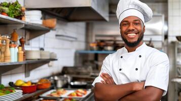 ai generato elevando cucina, cucinando su eccellenza, capocuoco in piedi nel un' buongustaio ristorante cucina, generativo ai foto