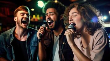 ai generato a dondolo il microfono, un' gruppo di amici cantando a un' sbarra, karaoke divertimento con gli amici, generativo ai foto