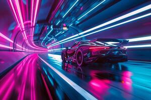 ai generato vivace neon luci illuminare un' auto come esso velocità attraverso un' tunnel, getto colorato riflessi su il elegante superficie. foto