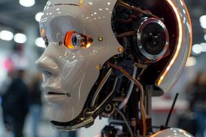 ai generato un' futuristico bianca robot con un' Impressionante rosso leggero splendente a partire dal suo viso, in mostra Avanzate artificiale intelligenza tecnologia. foto