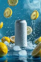 ai generato un' bianca può di energia bevanda con gocce e ghiaccio cubi circondato di limoni foto