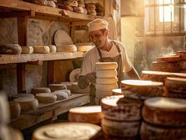 ai generato italiano formaggio creatore con il suo pile di fatto foto