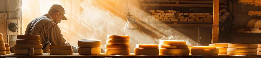 ai generato italiano formaggio creatore con il suo pile di fatto foto