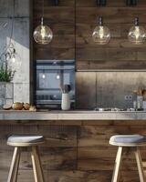 ai generato vicino su di un' cucina moderno rustico stile, legna mobilia foto