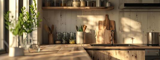 ai generato vicino su di un' cucina moderno rustico stile, legna mobilia foto