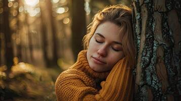 ai generato pensieroso donna abbracciare grande albero tronco nel il foresta, connessione con natura foto