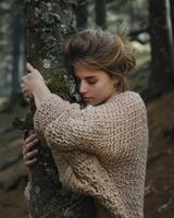 ai generato pensieroso donna abbracciare grande albero tronco nel il foresta, connessione con natura foto