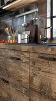 ai generato vicino su di un' cucina moderno rustico stile, legna mobilia foto