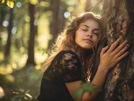 ai generato pensieroso donna abbracciare grande albero tronco nel il foresta, connessione con natura foto
