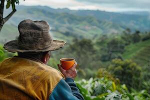 ai generato godere un' tazza di caffè mentre prospiciente un' caffè piantagione foto