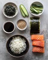 ai generato alcuni crudo ingredienti per rendere Sushi foto