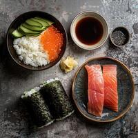 ai generato alcuni crudo ingredienti per rendere Sushi foto