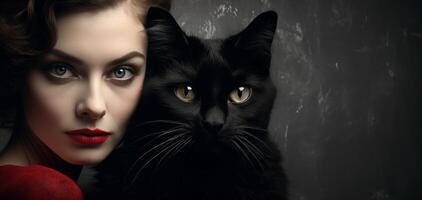 ai generato connessione con animali. appassionato giovane donna con rosso labbra trucco, in posa con nero gatto su grigio sfondo. concetto di animale tema, animale domestico cura, bellezza e moda foto