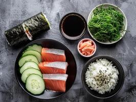 ai generato alcuni crudo ingredienti per rendere Sushi foto