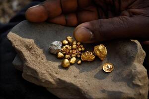 ai generato un' nero lavoratore detiene puro oro pepite nel il suo mano. ai generato. foto