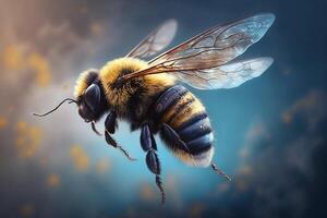 ai generato macro di un' ape nel volo, Perfetto particolari, con sfocato cielo sfondo, ai generato. foto