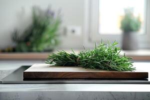 ai generato bianca minimo cucina e gruppi di verde rosmarino foto