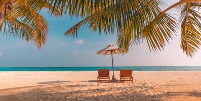 paesaggio estivo della spiaggia. vacanza di lusso e concetto di vacanza, banner di viaggio estivo. paesaggio panoramico della spiaggia al tramonto, due lettini ombrellone, foglia di palma, cielo colorato al tramonto per la vista dell'isola paradisiaca foto