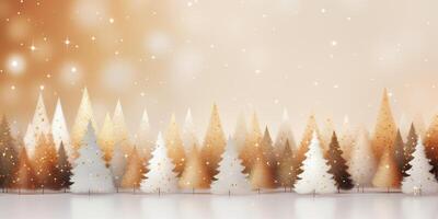 ai generato minuscolo carino scintillante Natale alberi con oro tonalità festivo sfondo con copia spazio. miniatura divertimento vacanza inverno oggetti di scena sfondo fondale foto