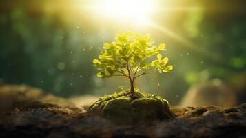 ai generato minuscolo germoglio piantina di un' albero nel luce del sole. simbolo di ecologia, natura e il inizio di vita e crescita concetto foto