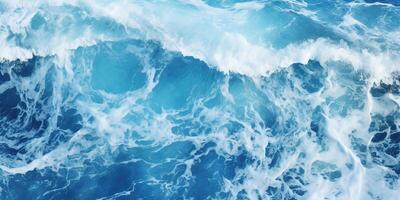 ai generato astratto blu oceano onde Crashing con bianca schiuma e spruzzi sfondo. h2o espressivo, artistico, modello struttura sfondo fondale foto