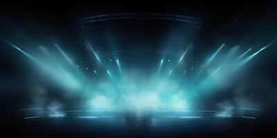 ai generato palcoscenico con panoramico luci presentazione modello con Fumo sfondo. blu tonalità evento riflettore fondale foto