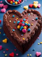 ai generato a forma di cuore cioccolato torta con confetteria guarnizione foto