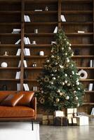 libreria con libri e un' Natale albero con regalo scatola e un' Marrone divano nel casa. un' elegante camera interno foto