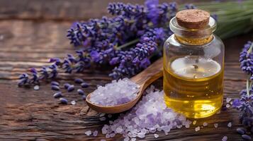 ai generato lavanda fiori con olio nel bottiglia e sale su Marrone di legno tavolo foto