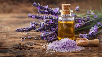 ai generato lavanda fiori con olio nel bottiglia e sale su Marrone di legno tavolo foto