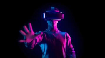 ai generato uomo indossare virtuale la realtà bicchieri su nero sfondo con neon leggero foto