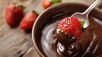 ai generato fonduta forchetta con fragola nel ciotola di fuso cioccolato. foto