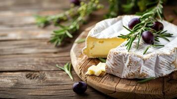 ai generato morbido francese Camembert formaggio su legna sfondo . foto