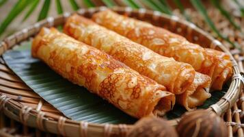 ai generato dadar gulung o lanciato Pancakes siamo un' tipico indonesiano e malese cibo quale può essere classificato come un' pancake pieno con grattugiato Noce di cocco misto con liquido palma zucchero foto