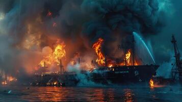 ai generato fuoco nel il porto di mare ardente nave, carico nave foto