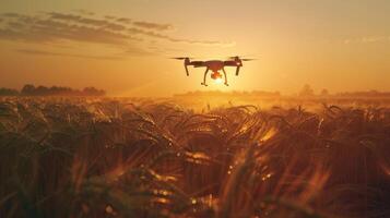 ai generato un agricolo fuco mosche per spray fertilizzanti nel il i campi lavoro a tramonto foto