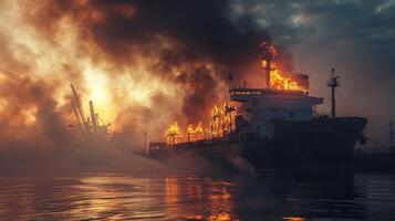 ai generato fuoco nel il porto di mare ardente nave, carico nave foto