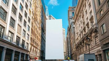 ai generato un' vuoto verticale tabellone torreggiante sopra un' città strada, in mostra potenziale pubblicità concetti foto