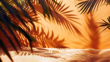 ai generato soleggiato tropicale sabbia spiaggia con palma alberi e arancia parete con vuoto spazio per testo o Prodotto presentazione. caldo estate i saldi concetto. foto