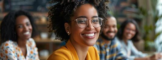 ai generato sorridente diverso colleghi raccogliere nel sala del consiglio brainstorming foto