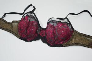 biancheria intima. nero con rosa pizzo reggiseno su un' bianca sfondo. sexy Da donna biancheria intima. foto