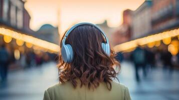 ai generato musica terapia, armonia, mentale Salute concetto. bella giovane donna godendo musica con cuffie all'aperto. donna indossare cuffie godendo musica e bene vibrazioni foto