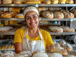 ai generato un' panettiere nel un' forno, lei è cottura al forno pane con un' Sorridi foto