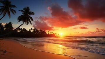 ai generato cielo tramonto a spiaggia scenario, se è il caldo tonalità di un' Alba o tramonto, scintillante riflessione di il sole su il nuvole, il cielo e nuvole avere il energia per ispirare foto