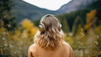 ai generato musica terapia, armonia, mentale Salute concetto. bella giovane donna godendo musica con cuffie all'aperto. donna indossare cuffie godendo musica e bene vibrazioni foto